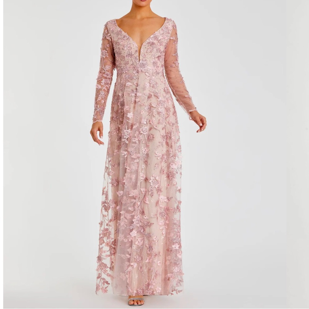 MAC DUGGAL Pink Floral Applique Long Sleeve Illusion Gown - Reemoly